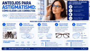 Infografía sobre anteojos para astigmatismo: cómo elegir los correctos según tipo de lentes y montura