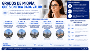 Infografía de los grados de miopía: qué significa cada valor, desde miopía leve hasta alta, y cómo afecta la visión