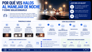 Infografía sobre por qué ves halos al manejar de noche y cómo solucionarlo, con causas y consejos de seguridad vial