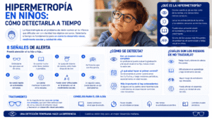 Infografía de hipermetropía en niños: señales de alerta, síntomas y tratamiento para cuidar su visión